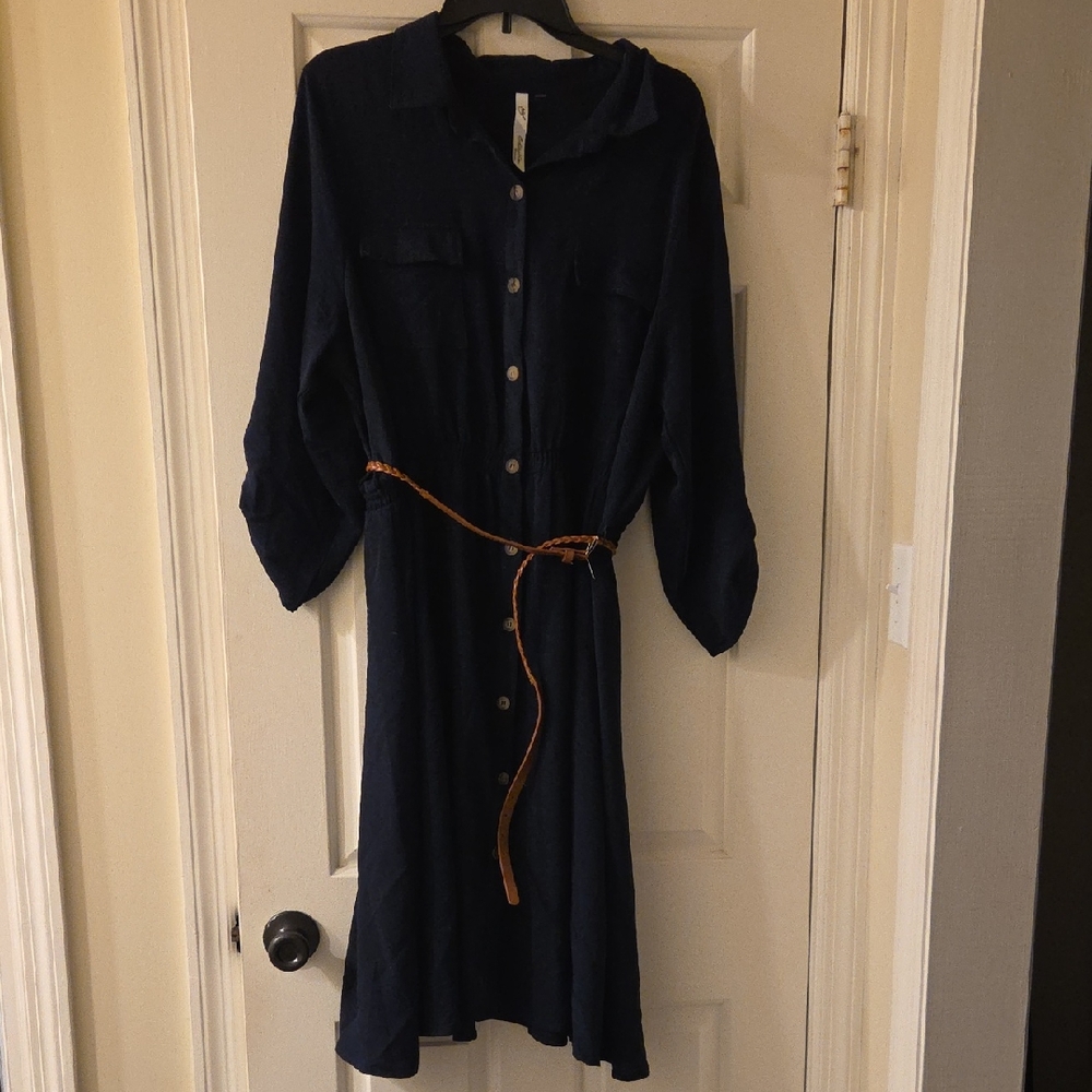 NY Collection Dark Blue Long Sleeve Dress with Belt